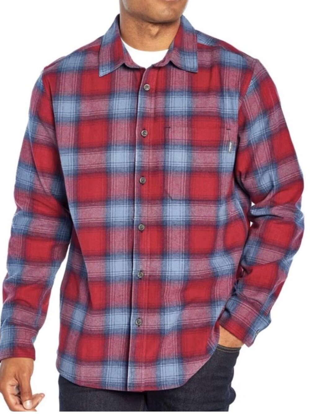 NEW Eddie Bauer Mens Plaid Flannel Shirt L Red Blue Long Sleeve Button LARGE